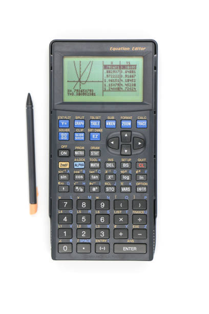 Advanced graphing calculator showing the graph and the data on the screen and stylus for touch screen