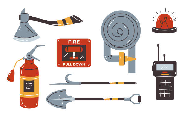 Firefighter fire equipment tool element extinguisher safety department isolated set. Vector graphic design illustration Firefighter fire equipment tool element extinguisher safety department isolated set. Vector graphic design drawing of a fireman hats stock illustrations