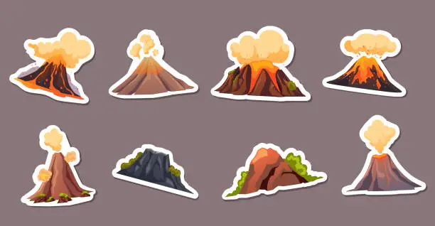 Vector illustration of Volcano fire mountain sky nature stickers isolated set. Vector graphic design illustration