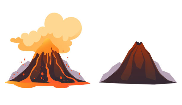 illustrazioni stock, clip art, cartoni animati e icone di tendenza di concetto di vulcano attivo e inattivo. illustrazione grafica piatta vettoriale - volcano exploding smoke erupting