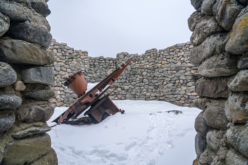 Ruined astronomical observatory, Gimsøy on Gimsoysand island in Lofoten archipelago in  winter.