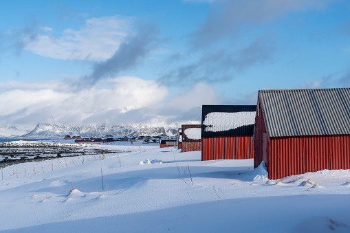 Winter view on wooden cottages in winter in village of Reine on tiny island in the Lofoten archipelago in Norway.