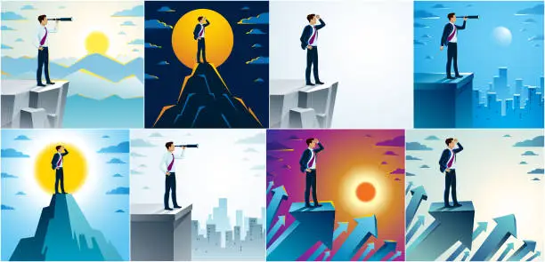 Vector illustration of Businessman looking for opportunities in spyglass standing on top peak of mountain business concept vector illustrations set, successful young handsome business man searches new perspectives.