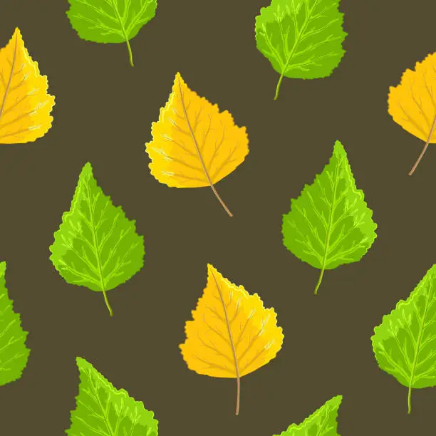 Vector illustration of Birch leaves are orange, yellow and green on a brown or khaki background. Seamless pattern. Nature, flora and parks. Printing on fabric, packaging and wrapping paper. Vector illustration.