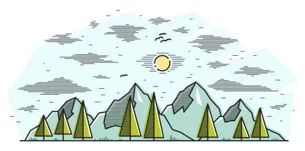 Vector illustration of Mountain peaks and pine forest line art vector illustration isolated on white, linear illustration of mountains range in woods wild nature landscape, outdoor hiking camping ant travel theme.