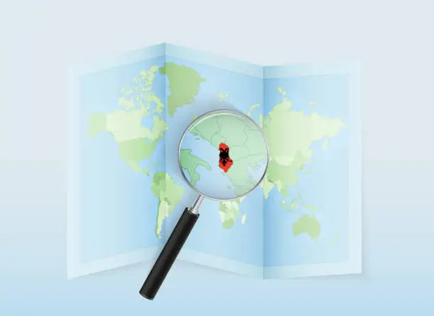 Vector illustration of A folded world map with a magnifying lens pointing towards Albania. Map and flag of Italy in loupe.