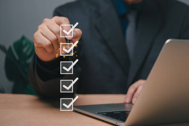 istock Survey form check online concept. Check marks on checklist evaluate questionnaire or answering questions. Customer Experiences and satisfaction performance.digital poll election research. 1698902229