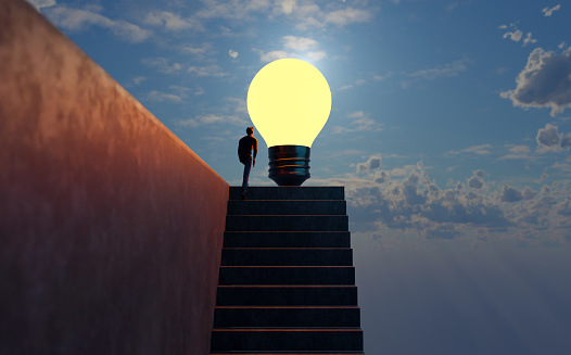 Successful businessman climbing up the stairs to lightbulb idea. Ladder of success. the new business opportunity. 3D render