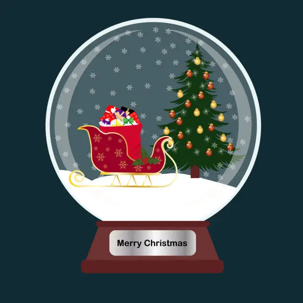 Vector illustration of Christmas tree, christmas sleigh, snow globe