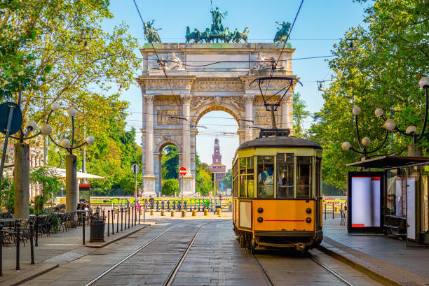 Yellow tram in Milan stock photo