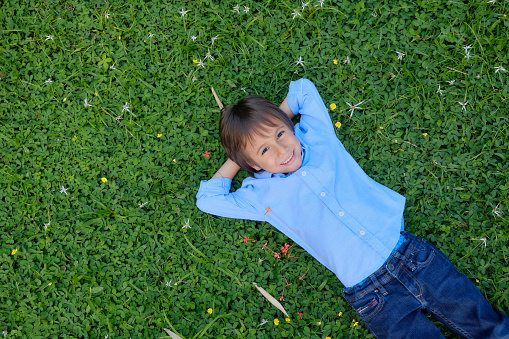Beautiful child lying in the field enjoying and smiling looking at the camera, the meadow is green and around flowers of many colors 5