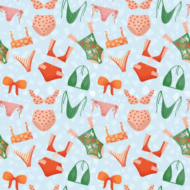Swimsuit pattern. Vintage woman beach wear, swimwear, flowers, summer sun and sea, retro vacation holidays, for fabric or textile. Textured beachwear or swim suit. Vector seamless background Swimsuit pattern. Vintage woman beach wear, swimwear, flowers, summer sun and sea, retro vacation holidays, for fabric or textile. Textured beachwear or swim suit. Vector seamless flat background polka dot bathing suit stock illustrations