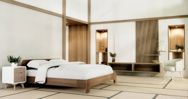 Muji Japan bedroom interior minimal style, Japanese interior.3D rendering