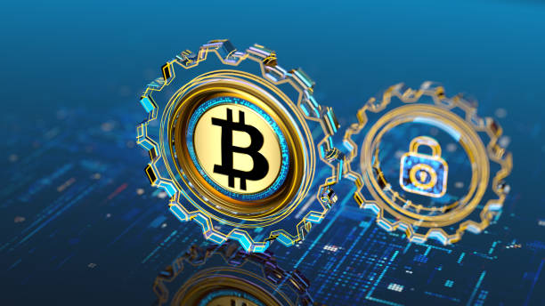 kryptowährung bitcoin konzept hintergrund - film sprocket technology financial figures stock-fotos und bilder
