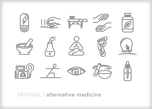 Set of alternative medicine line icons for methods to improve and maintain health through natural methods