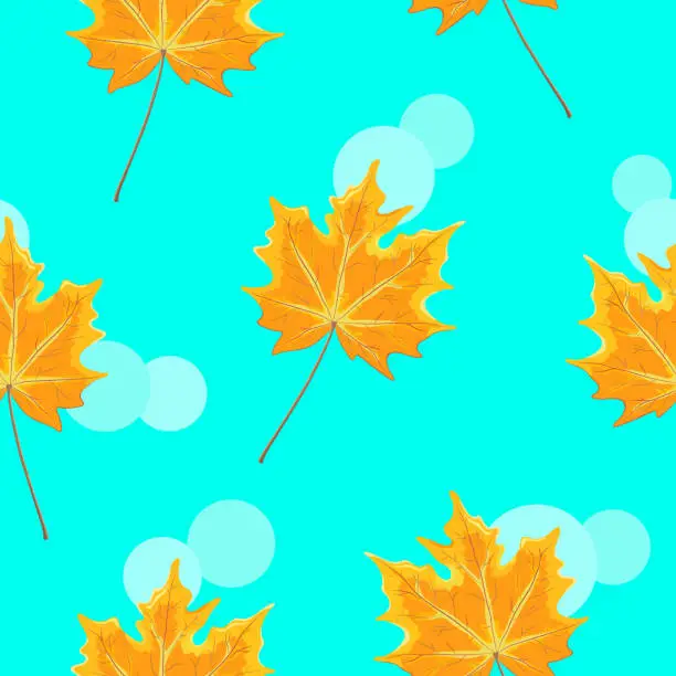 Vector illustration of Bright orange realistic autumn maple leaves with sunny highlights on a bright blue background. Autumn, the end of summer. Seamless pattern. Printing on fabric and packaging. Vector illustration.