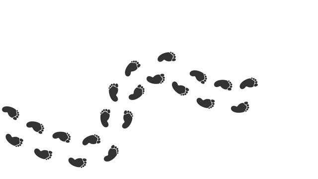 Baby footprint animation. Leaving wet, dry bare foot prints on the floor from right to left. Footprint of baby. Walk loop animation, graphic motion. footage video  on white background. 4K.  Video
