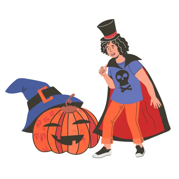 Vector illustration of Spooky Halloween card with Jack-o-lantern and boy in Dracula costume, vector.