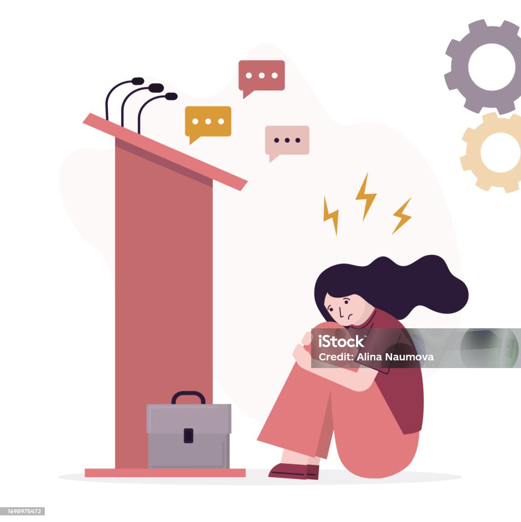두려운 사업가나 정치인이 대중 연설 연단 뒤에 숨어 앉아 있다 대중 연설에 대한 두려움 무대에서 이야기하는 것에 대한 긴장 또는 ...