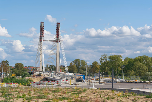 Magdeburg, Germany – September 23, 2023: Construction site of the Kaiser-Otto bridge in Magdeburg. The new construction of the bridge is currently the largest and most expensive construction project in the city.