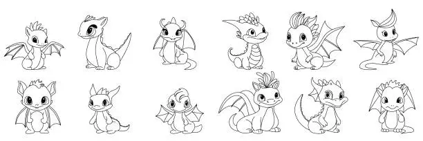 Vector illustration of Big collection of doodle baby dragons.