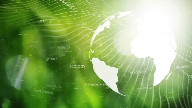 Looping shining green environment ecology word cloud with earth globe background.