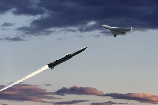 Anti-aircraft missile in the sky above the clouds, missile launch trace, 3d rendering. Concept: war in Ukraine, anti-aircraft defense by military complexes, military aid, protection of the sky.