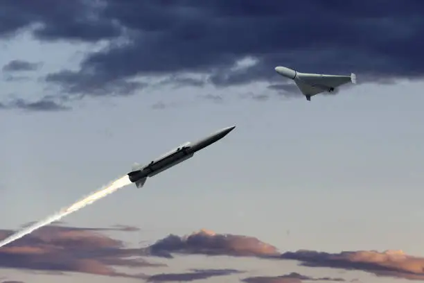 Photo of Anti-aircraft missile in the sky above the clouds, missile launch trace, 3d rendering. Concept: war in Ukraine, anti-aircraft defense by military complexes, military aid, protection of the sky.