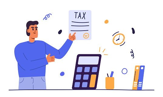 Tax calculation scene. Financial consultant or advisor calculating invoices and filling tax declaration for tax return. Taxation concept. Vector illustration