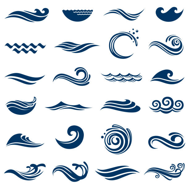 ilustraciones, imágenes clip art, dibujos animados e iconos de stock de iconos de olas de mar - oleaje