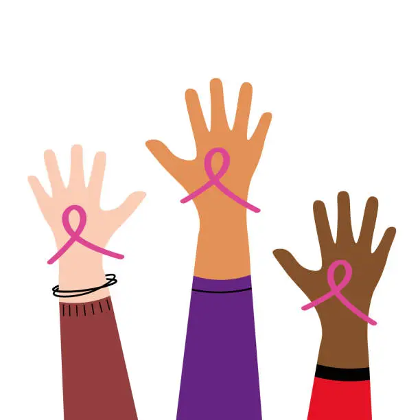 Vector illustration of Breast cancer awareness prevention concept, women different skin colors hands holding pink ribbon symbol to support fight for health cancer vector flat illustration on isolated background, for design