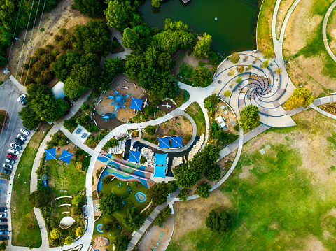 aerial drone view Looking straight down above Modern City planning in Austin , Texas , USA above public park and playground