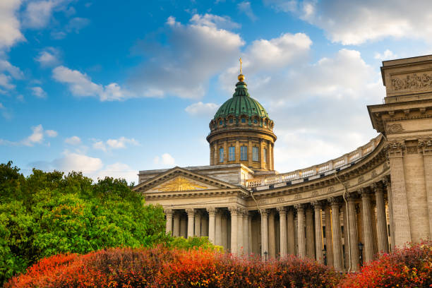 Kazan Cathedral in Saint Petersburg, Russia. Autumn cityscape at sunset stock photo