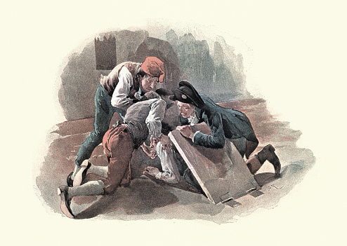 Vintage illustration Men catching a fugative climbing through a trapdoor, 18th Century style crime mystery. Josette Marsin par Ernest Daudet, French 1890s,