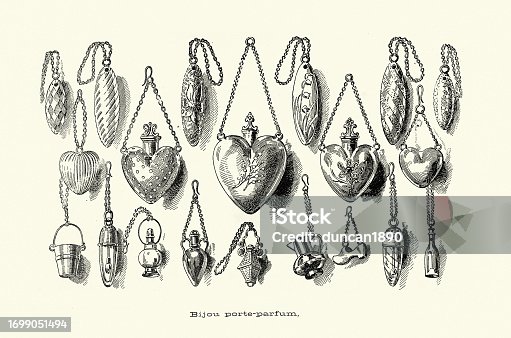 istock Vintage illustration Victorian Perfume holder jewelry, necklaces, heart shaped, 1890s, 19th Century 1699051494