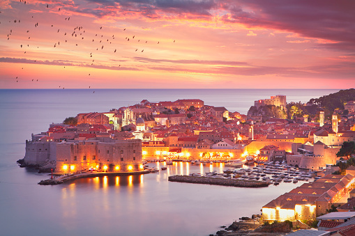 Aerial view of croatian town Dubrovnik by sunset