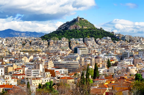 View of Lycabettus mount from Acropolis hill in Athens, Greece. stock photo