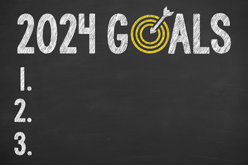 New Year 2024 Goals on Chalkboard Background