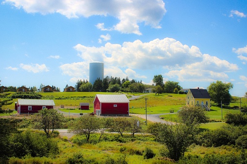 A country Red barn and summer evening cloudscape in rural Minnesota. This photo includes farm silos and sheds with green grass in the foreground. I used a wide angle 14-24 mm lens to help with the framing of this landscape shot.