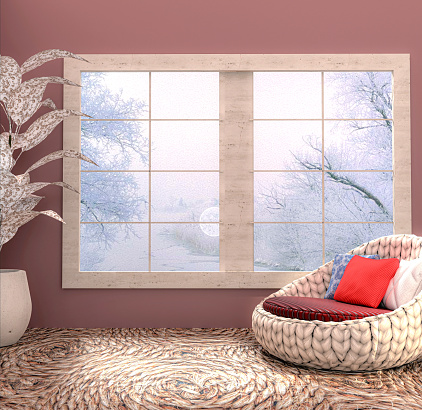 Room interior with wool sofa and cushions, light granate (or maroon) walls color and windows overlooking the snowy landscape. Interiors and Decor. 3d render.