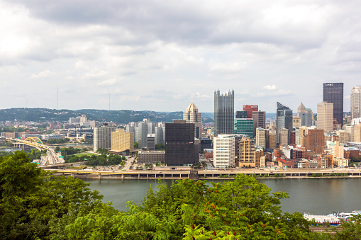 A view of Pittsburgh's downtown, bridges and a river