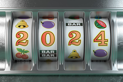 2024 Happy New Year  in casino. Slot machine with jackpot number 2024. 3d illustration
