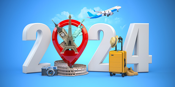 2024 Happy new year. Number 2024 and pin with most popular landmarks of the world. New year celebration in London, Paris, Rome or New York. 3d illustration