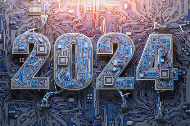istock 2024 on circuit board or motherboard with cpu. Computer technology and internet commucations digital concept background. Happy new 2024 year. 1699082259