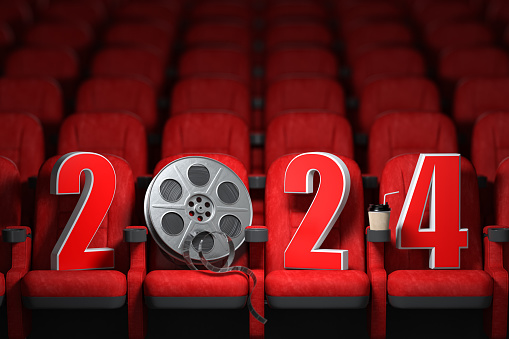 Happy new 2024 year in cinema red seats. 2024 cinema and movie season concept. 3d illustration