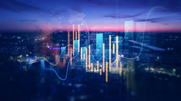 Analysis finance graph and market chart investment. Big data chart on city backdrop.Trade technology, and investment analysis.