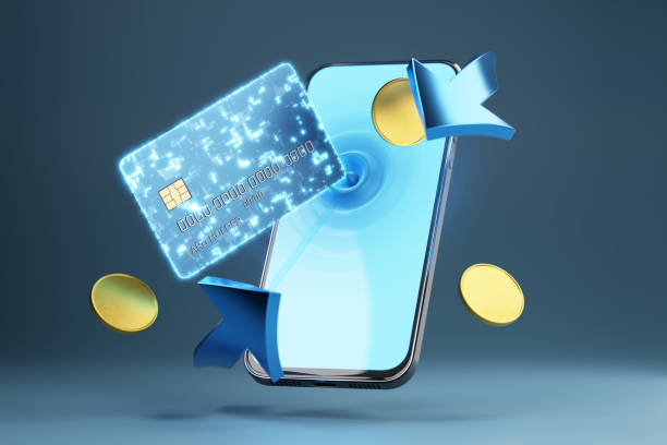 istock Plastic card for online payments. Mobile payment concept. Smartphone blue screen. 3D render. 1699092844