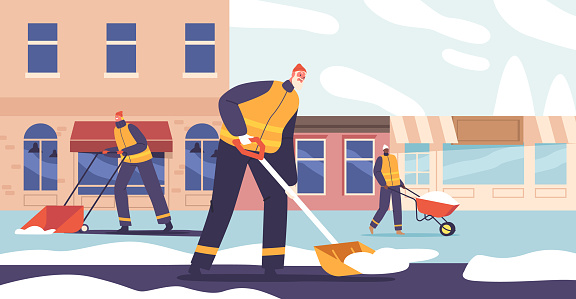 Snowy Street Cleanup. Team Of Dedicated Cleaner Characters In Action, Diligently Clearing Snow From City Streets Ensuring Safe And Accessible Pathways During Winter. Cartoon People Vector Illustration