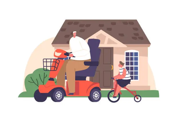 Vector illustration of Cheerful Grandfather Riding Wheelchair Scooter And Little Child On Bicycle Having Fun, Driving Along Countryside Street