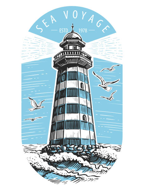 illustrations, cliparts, dessins animés et icônes de phare sur la mer croquis illustration vectorielle dessinée à la main. seascape dans un style rétro - sea storm lighthouse rough